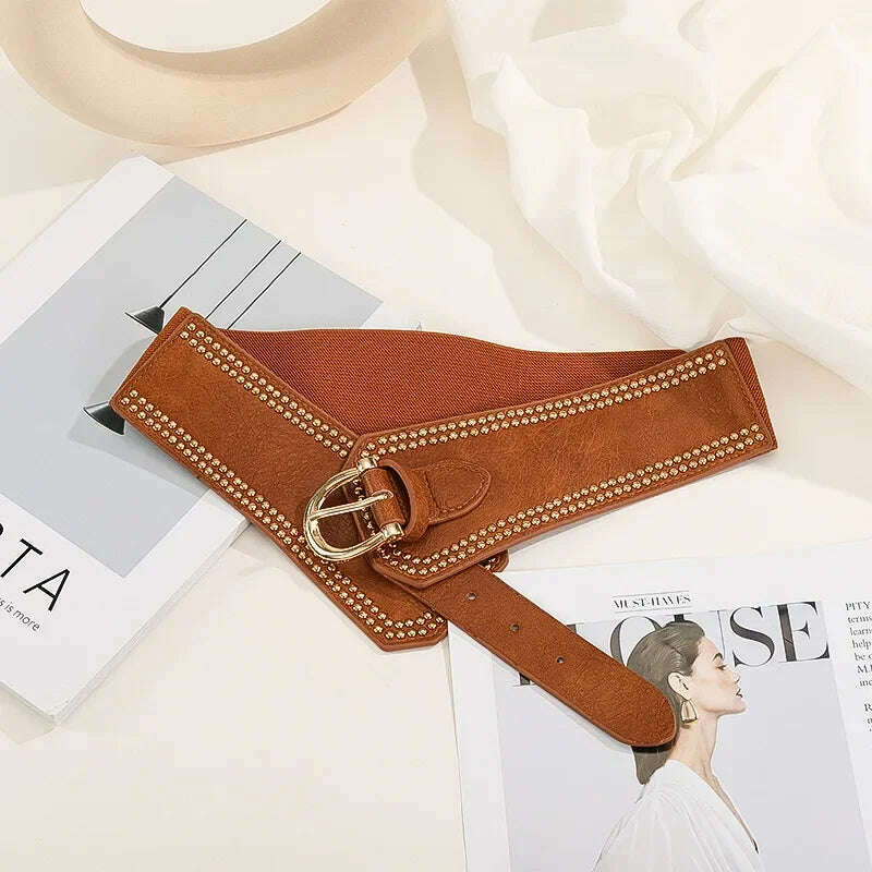 KIMLUD, 2023 Fashion Ladies Rivet Elastic Pin Buckle Corset Wide Waist Sealed Skirt Coat Suit Belts for Women Luxury Designer Brand, Brown / 85cm / CHINA, KIMLUD Womens Clothes