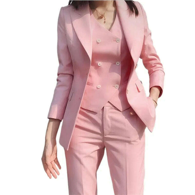 KIMLUD, 2023 Fashion New Ladies Business Solid Color Suits Trousers Waistcoat / Woman's Pink Commuter Blazers Jacket Pants Vest Set, KIMLUD Women's Clothes