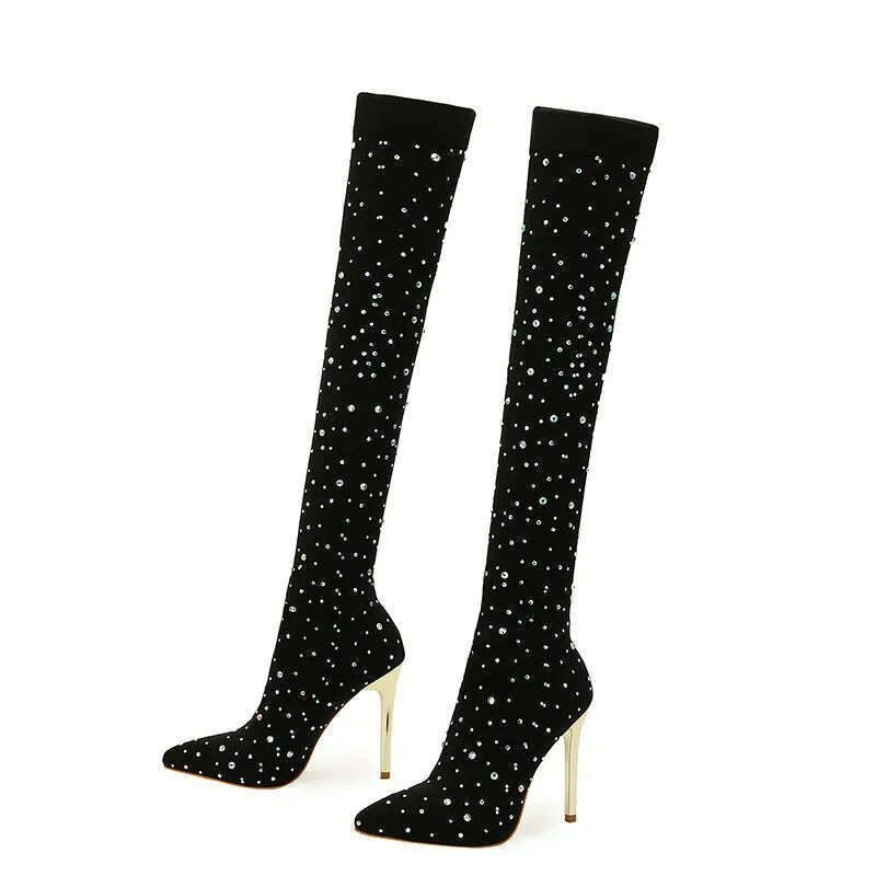 KIMLUD, 2023 Fashion Sequin Crystal Stretch Fabric Sock Over-the-Knee Boots Sexy Pointed Toe Woman Gilded Stiletto Heel Shoe Boots Women, KIMLUD Women's Clothes