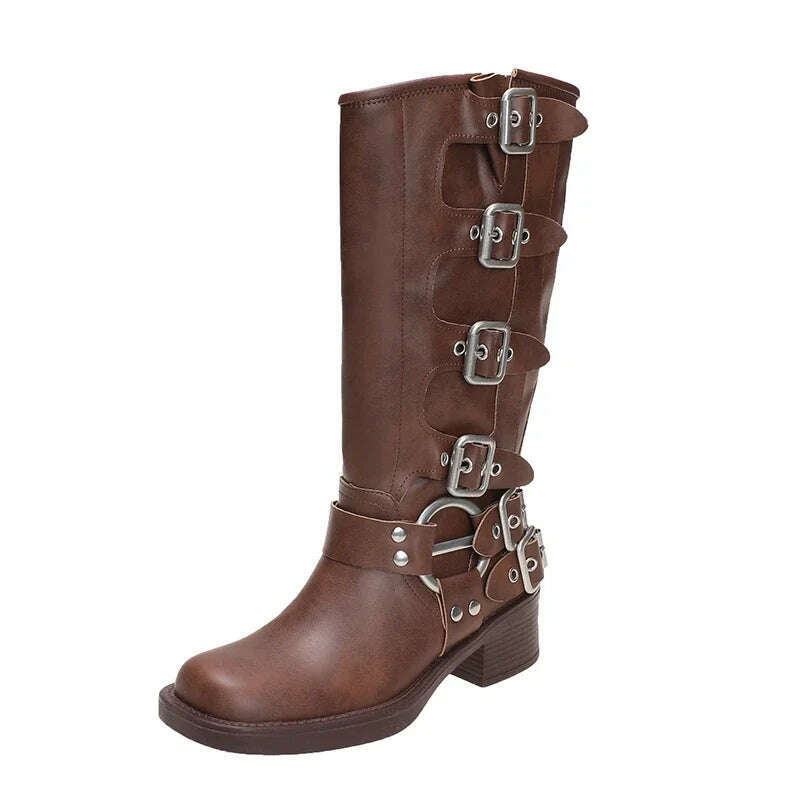 KIMLUD, 2023 Fashion Shoes for Women Basic Women's Boots Retro Knee-High Boots Women Belt Buckle Round Toe Slip on Med Heel Shoes Female, 3355-Brown / 39, KIMLUD Womens Clothes