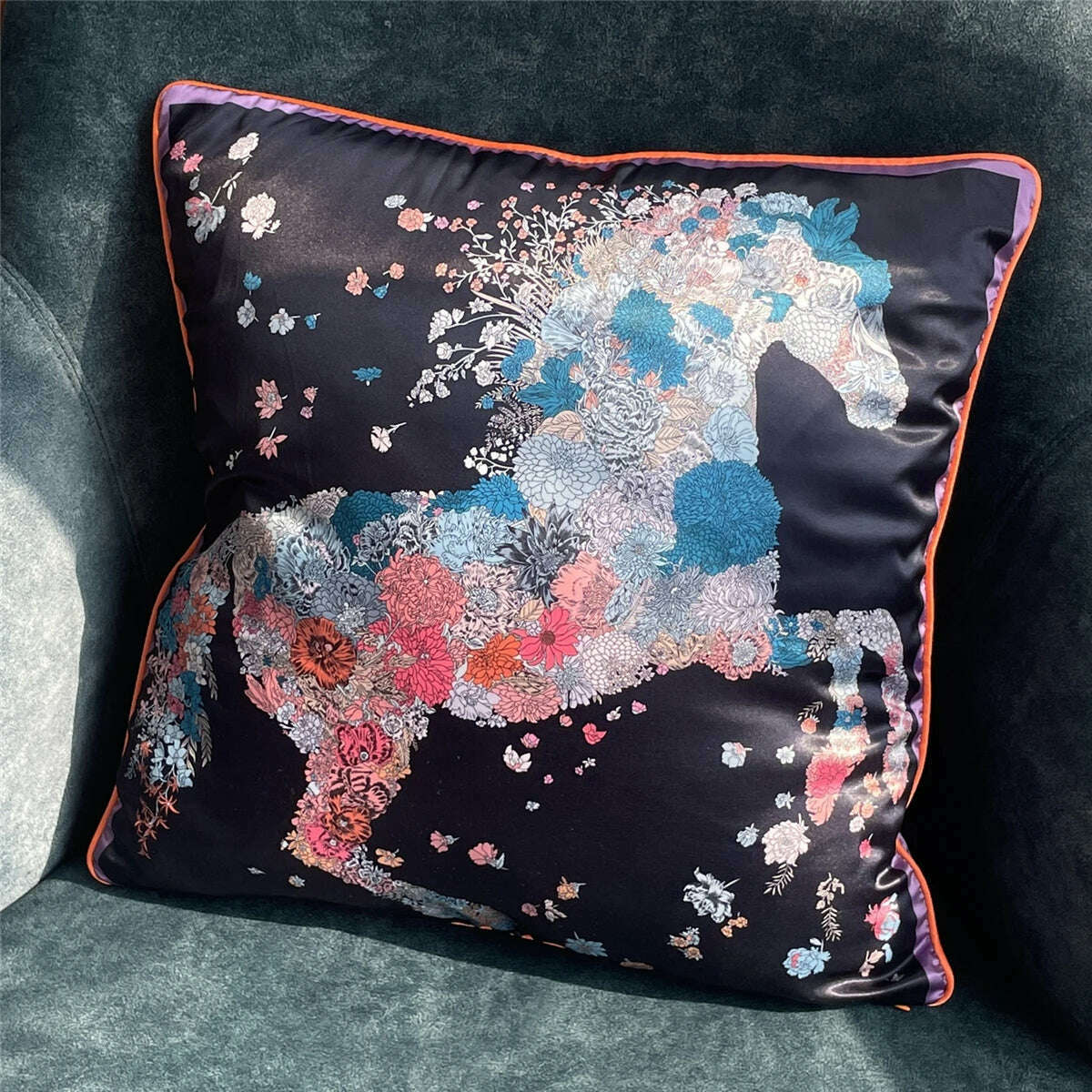 KIMLUD, 2023 Fashion Silk Pillowcase Brand Design Flower Horse Sofa Throw Pillow Chair Car Cushion Cover Home Decoration Fashion Pillow, KIMLUD Womens Clothes