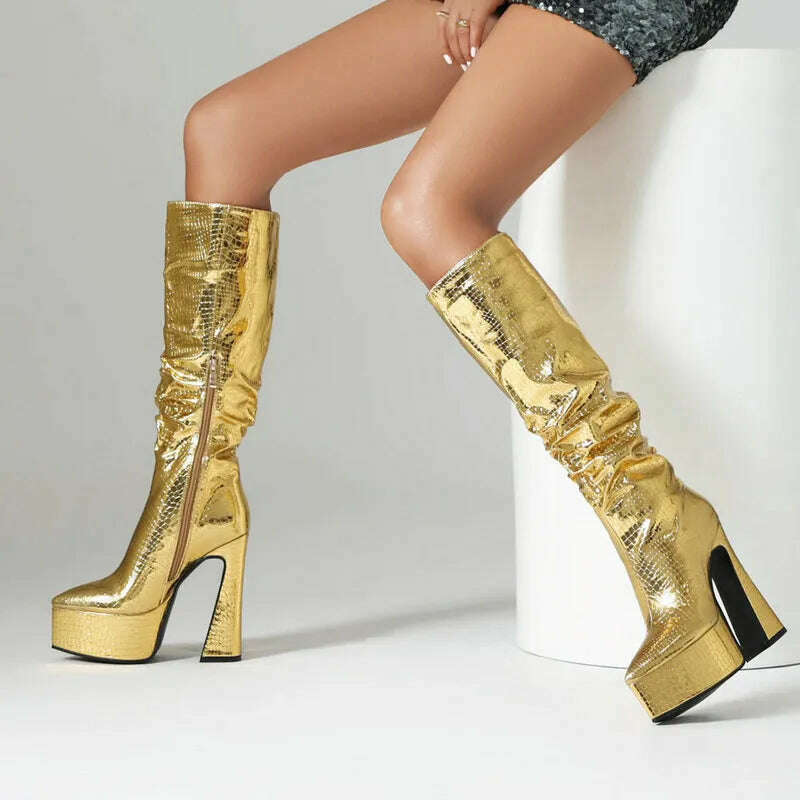 KIMLUD, 2023 Fashion Women Knee High Boots Pu Leather Square High Heel Platform Boots Autumn Winter Ladies Shoes Gold Silver Black White, KIMLUD Womens Clothes