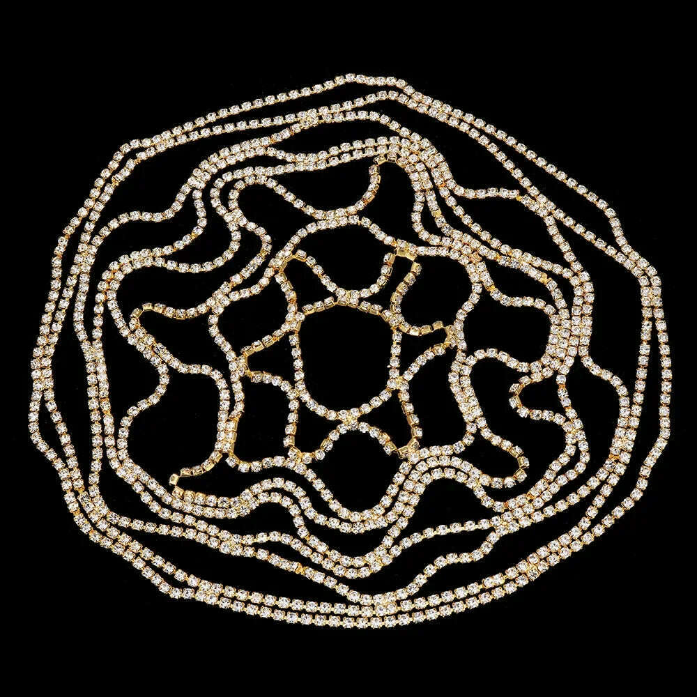 KIMLUD, 2023 Hollow Rhinestone Mesh Headpiece Wedding Head Chain Jewelry for Women Luxury Crystal Headband Head Cap Hat Hair Accessories, Gold-color, KIMLUD APPAREL - Womens Clothes