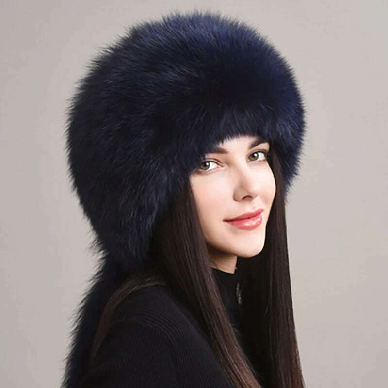 2023 Hot Sale Winter Women Fox Fur Hat Fluffy Soviet Female Outdoor Warm Cap Snow Fur Hats 5 tails Real Fox Fur Cold Bomber Hats, dark blue / Suitable everyone, KIMLUD Women's Clothes