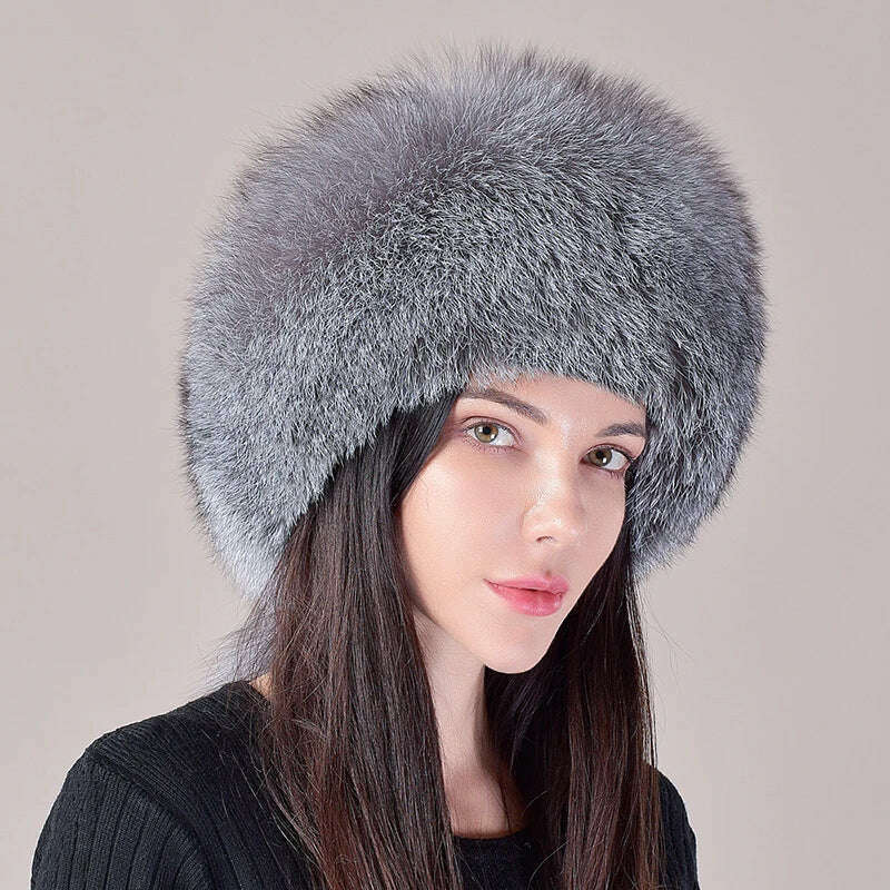 2023 Hot Sale Winter Women Fox Fur Hat Fluffy Soviet Female Outdoor Warm Cap Snow Fur Hats 5 tails Real Fox Fur Cold Bomber Hats, silver blue / Suitable everyone, KIMLUD Women's Clothes