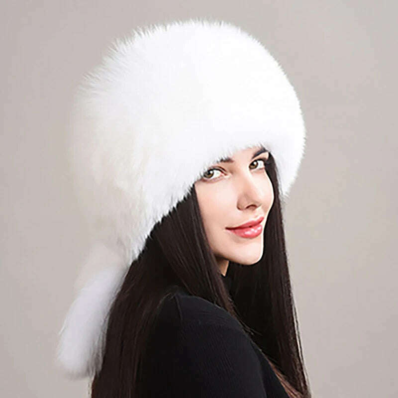 KIMLUD, 2023 Hot Sale Winter Women Fox Fur Hat Fluffy Soviet Female Outdoor Warm Cap Snow Fur Hats 5 tails Real Fox Fur Cold Bomber Hats, white / Suitable everyone, KIMLUD Womens Clothes