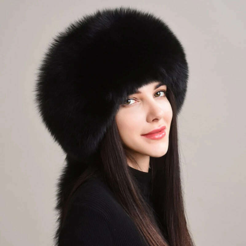 2023 Hot Sale Winter Women Fox Fur Hat Fluffy Soviet Female Outdoor Warm Cap Snow Fur Hats 5 tails Real Fox Fur Cold Bomber Hats, black / Suitable everyone, KIMLUD Women's Clothes