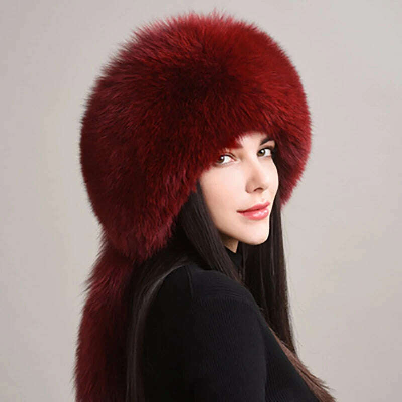 KIMLUD, 2023 Hot Sale Winter Women Fox Fur Hat Fluffy Soviet Female Outdoor Warm Cap Snow Fur Hats 5 tails Real Fox Fur Cold Bomber Hats, wine red / Suitable everyone, KIMLUD Womens Clothes