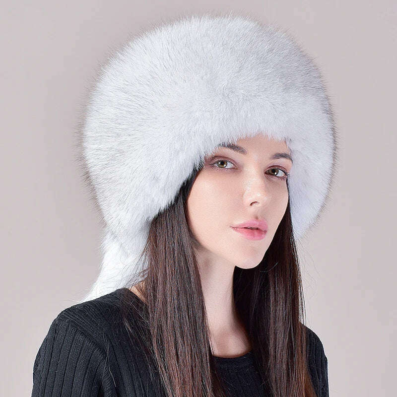 2023 Hot Sale Winter Women Fox Fur Hat Fluffy Soviet Female Outdoor Warm Cap Snow Fur Hats 5 tails Real Fox Fur Cold Bomber Hats, natural fox white / Suitable everyone, KIMLUD Women's Clothes