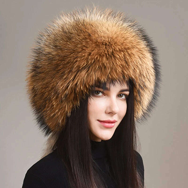 2023 Hot Sale Winter Women Fox Fur Hat Fluffy Soviet Female Outdoor Warm Cap Snow Fur Hats 5 tails Real Fox Fur Cold Bomber Hats, raccoon fur / Suitable everyone, KIMLUD Women's Clothes