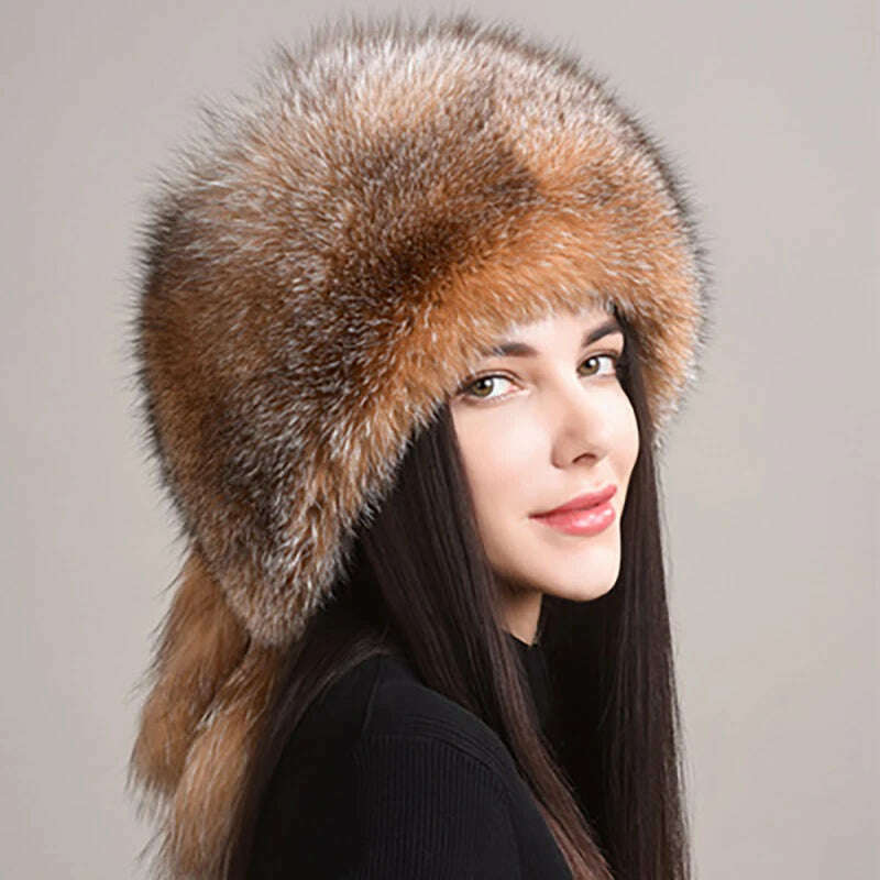 KIMLUD, 2023 Hot Sale Winter Women Fox Fur Hat Fluffy Soviet Female Outdoor Warm Cap Snow Fur Hats 5 tails Real Fox Fur Cold Bomber Hats, KIMLUD Womens Clothes