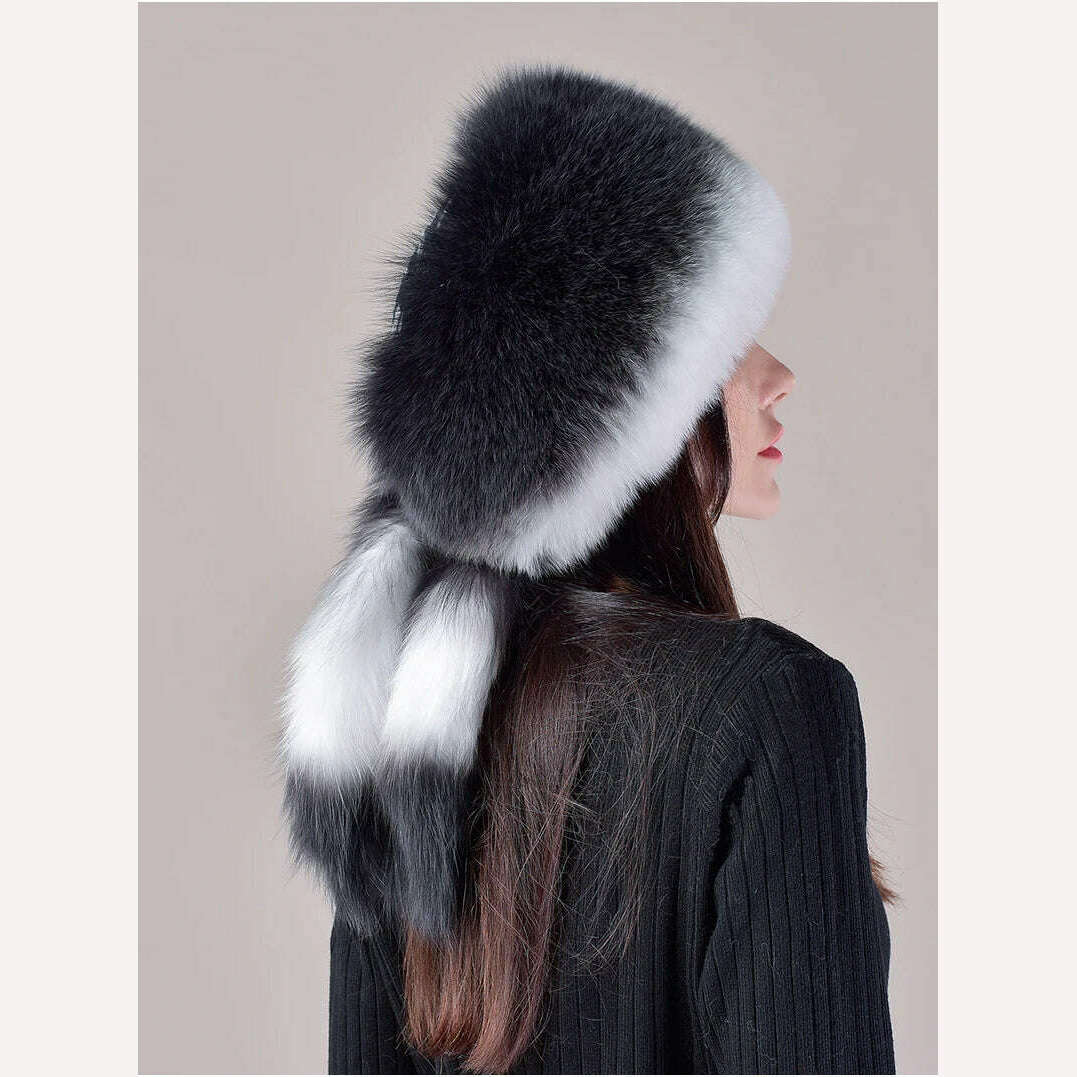 KIMLUD, 2023 Hot Sale Winter Women Fox Fur Hat Fluffy Soviet Female Outdoor Warm Cap Snow Fur Hats 5 tails Real Fox Fur Cold Bomber Hats, KIMLUD Womens Clothes