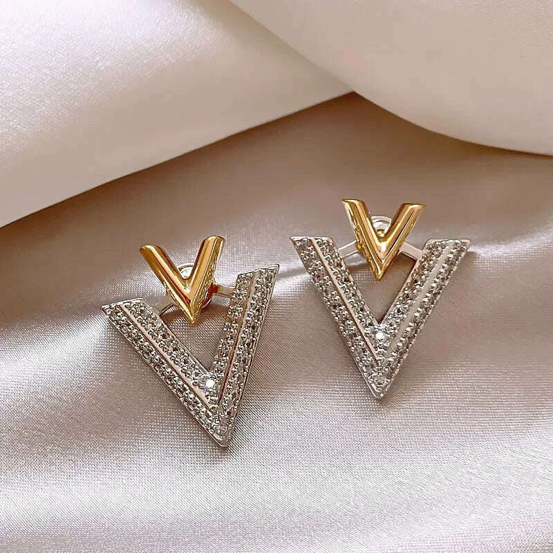 KIMLUD, 2023 Korea new design fashion jewelry 14K gold plated luxury zircon letter V earrings elegant women's evening party accessories, KIMLUD Womens Clothes