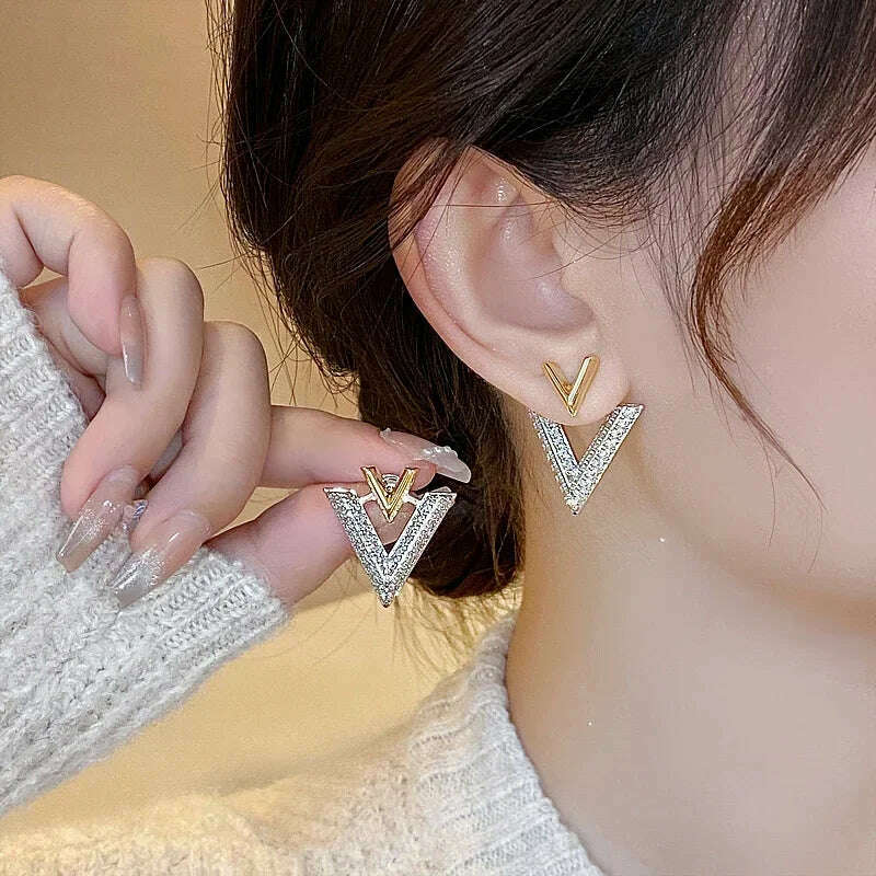KIMLUD, 2023 Korea new design fashion jewelry 14K gold plated luxury zircon letter V earrings elegant women's evening party accessories, KIMLUD Women's Clothes