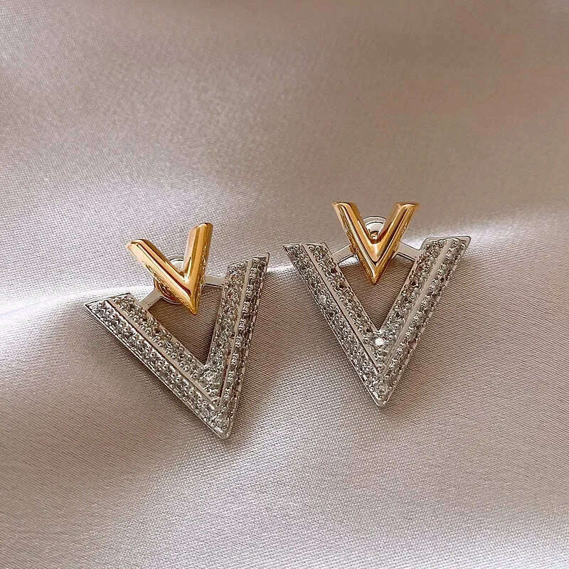 KIMLUD, 2023 Korea new design fashion jewelry 14K gold plated luxury zircon letter V earrings elegant women's evening party accessories, Silver Plated, KIMLUD Women's Clothes
