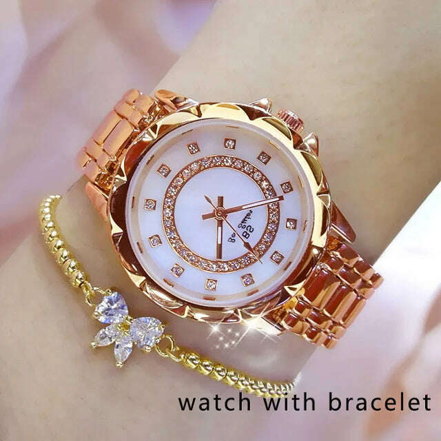 KIMLUD, 2023 Ladies Wrist Watches Dress Gold Watch Women Crystal Diamond Watches Stainless Steel Silver Clock Women Montre Femme 2022, 1506-rs gd bracelet / CHINA, KIMLUD Womens Clothes