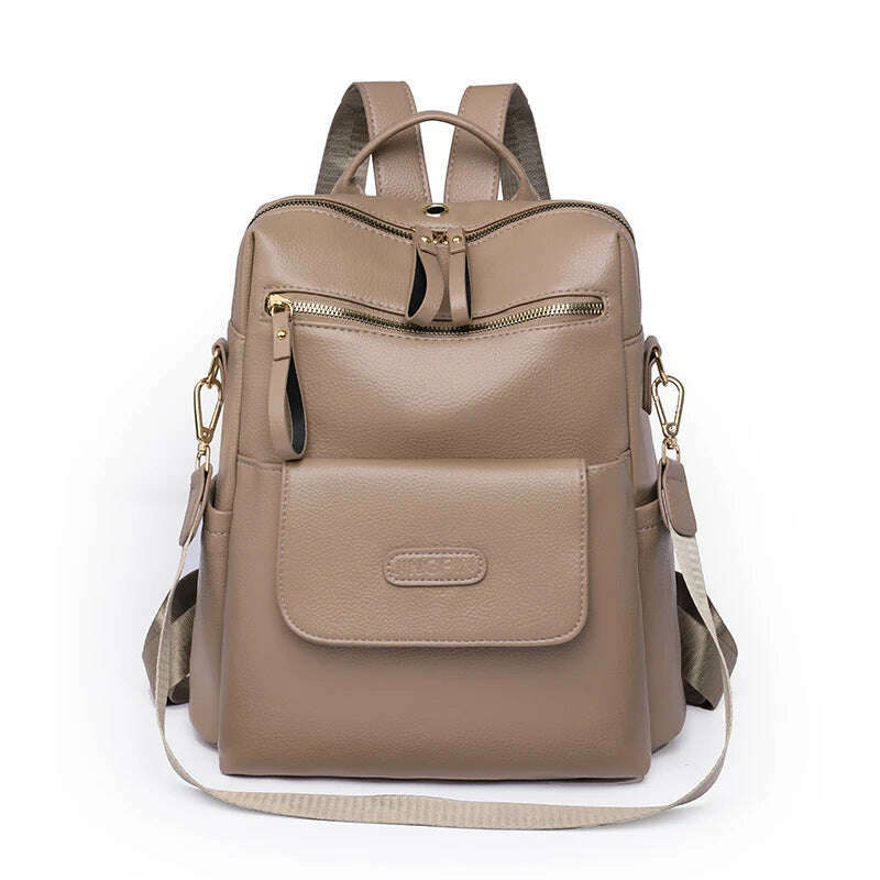 KIMLUD, 2023 Leather Backpack Women Solid Color Fashion Trend Casual Large Capacity Ladies Travel Bag School Backpack for Teenage Girls, khaki, KIMLUD Women's Clothes
