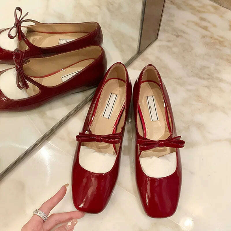 2023 Luxury Bowtie Mary Janes Women Square Toe Shiny Leather&amp;Silk Flats Ballets Femmes Red Dance Party Ball Bridal Wedding Shoes, KIMLUD Women's Clothes