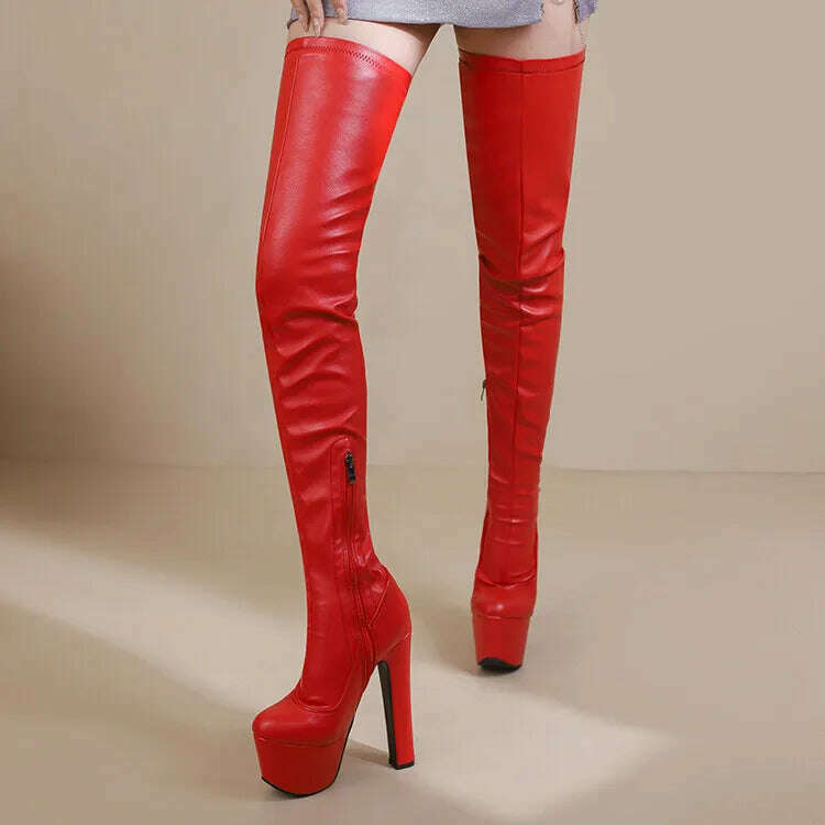 KIMLUD, 2023 Matte Black Side Zipper Over Knee Boots 35-46 Waterproof Platform Round Head Steel Pipe Dance Boots 17cm Thick Heel Boots, 2s-red / 35, KIMLUD Womens Clothes