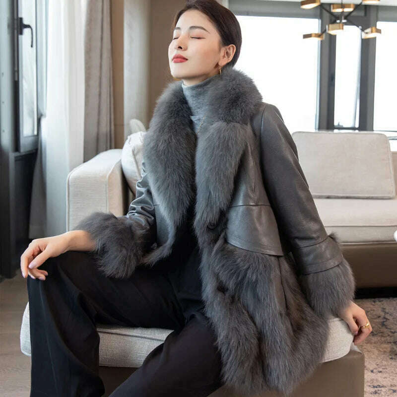 KIMLUD, 2023 Natural fox fur coat women's genuine sheepskin leather jacket Winter Coat Women, Dark gray / S, KIMLUD Womens Clothes