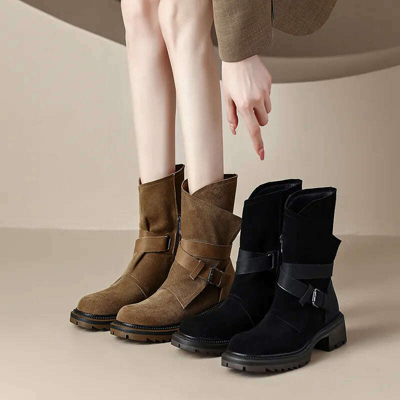 KIMLUD, 2023 new Autumn winter Women ankle boots natural leather 22-24.5cm cow suede modern boots belt buckle side zip short boots, KIMLUD Womens Clothes