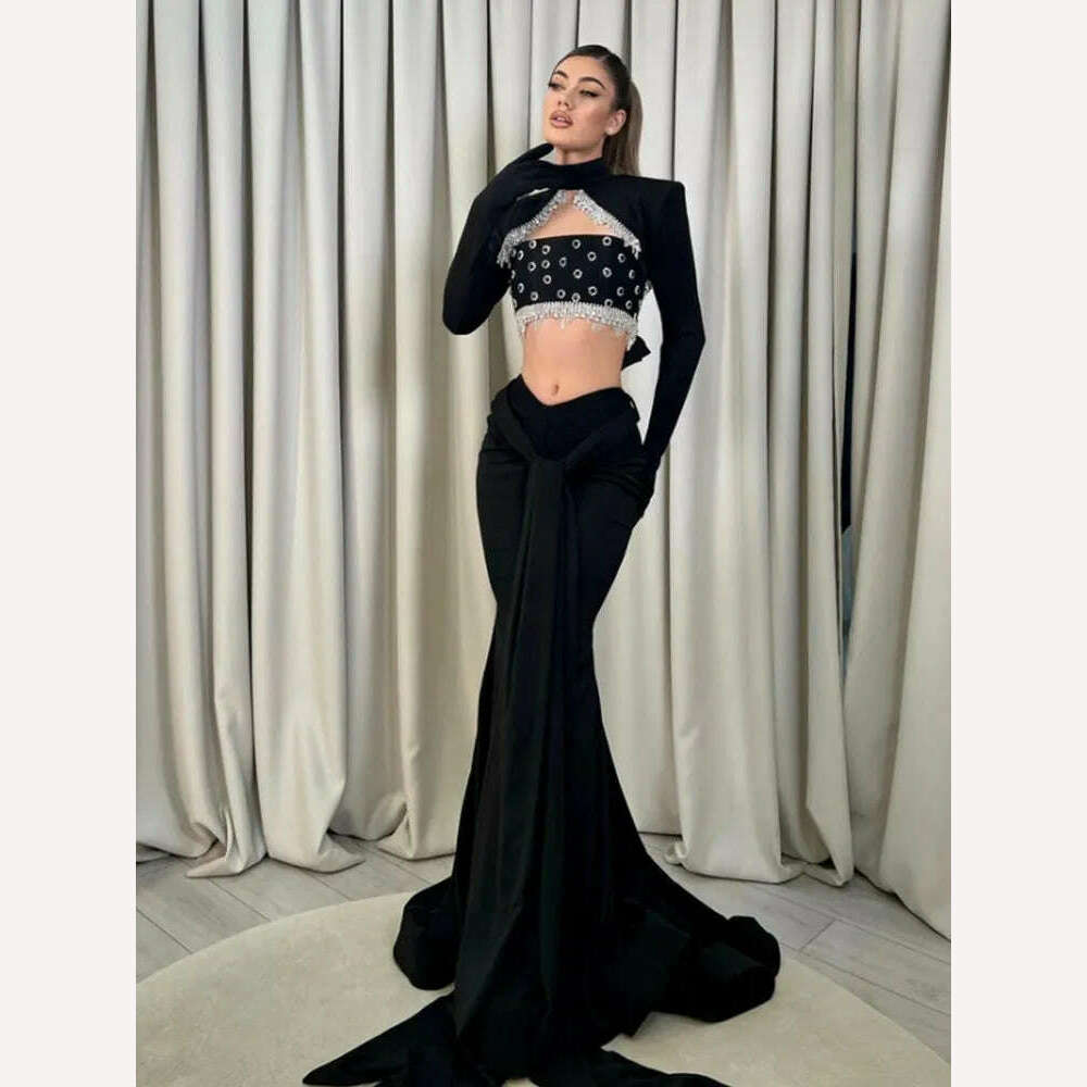 KIMLUD, 2023 New Black Color Women Long Sleeve Sexy Bodycon Floor-Length Dress Fashion Beading Elegant Evening Party Dress, KIMLUD Women's Clothes