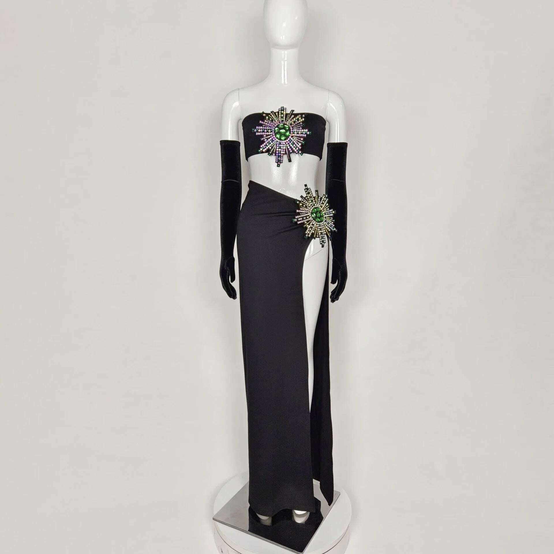 2023 New Celebrity Fashion Performance Costume Stage Wear Women Sexy 3 Pieces Bodycon Long Dress Golves Celebrate NightClub Wear - KIMLUD