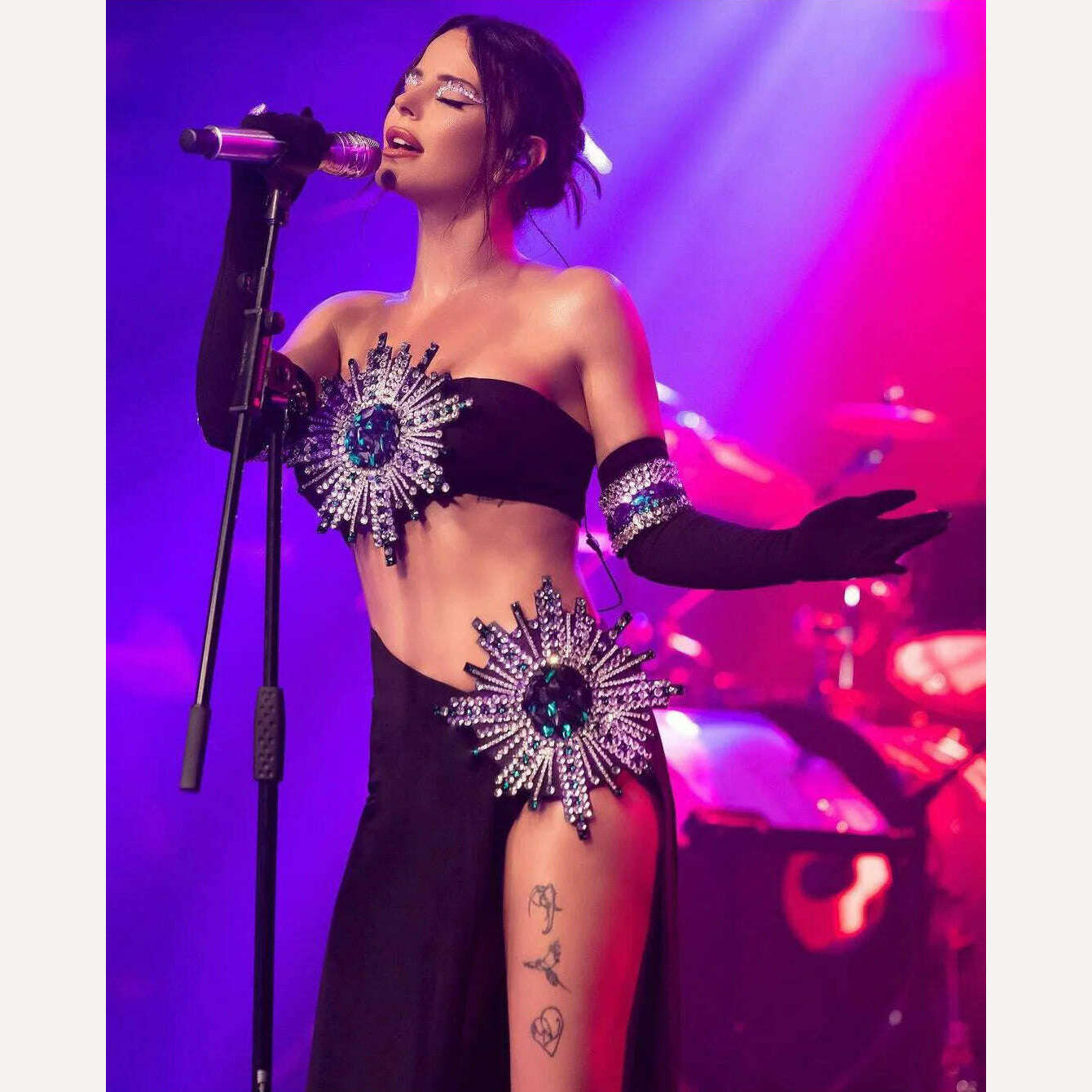 2023 New Celebrity Fashion Performance Costume Stage Wear Women Sexy 3 Pieces Bodycon Long Dress Golves Celebrate NightClub Wear - KIMLUD