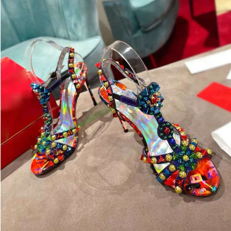 KIMLUD, 2023 New Color Round Toe Open Toe Cross Strap Rivet Sandals Women's Leather Stiletto T-strap High-Heeled Shoes, As picture / 35 / China, KIMLUD Womens Clothes