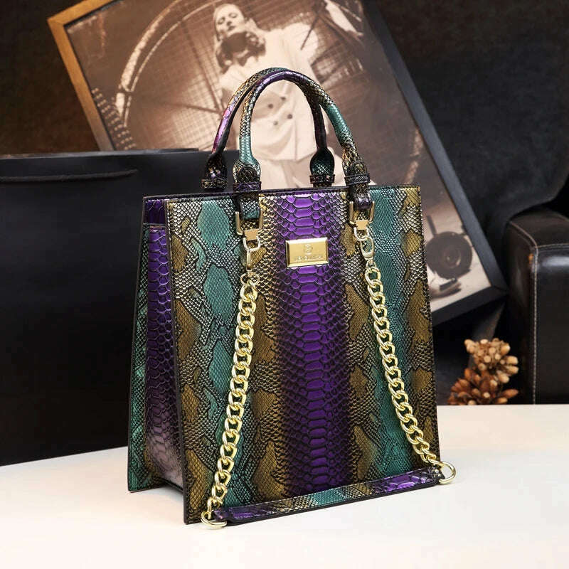 KIMLUD, 2023 New Cowhide Leather Women Handbags Fashion Female Chain Serpentine Portable Tote Bag Ladies Shoulder Messenger Bags Luxury, Purple, KIMLUD Womens Clothes