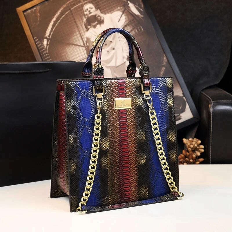 KIMLUD, 2023 New Cowhide Leather Women Handbags Fashion Female Chain Serpentine Portable Tote Bag Ladies Shoulder Messenger Bags Luxury, red with blue, KIMLUD Womens Clothes