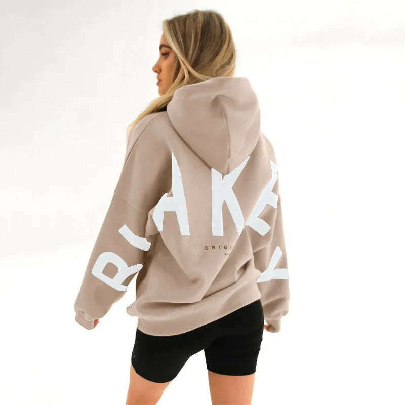 KIMLUD, 2023 New Cross-border Europe And The United States Fashion Printing Thick Long Sleeve Loose Hoodie Woman, Light khaki white / XL, KIMLUD Womens Clothes