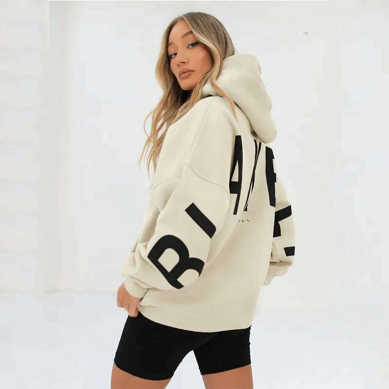 KIMLUD, 2023 New Cross-border Europe And The United States Fashion Printing Thick Long Sleeve Loose Hoodie Woman, apricot / XL, KIMLUD Womens Clothes