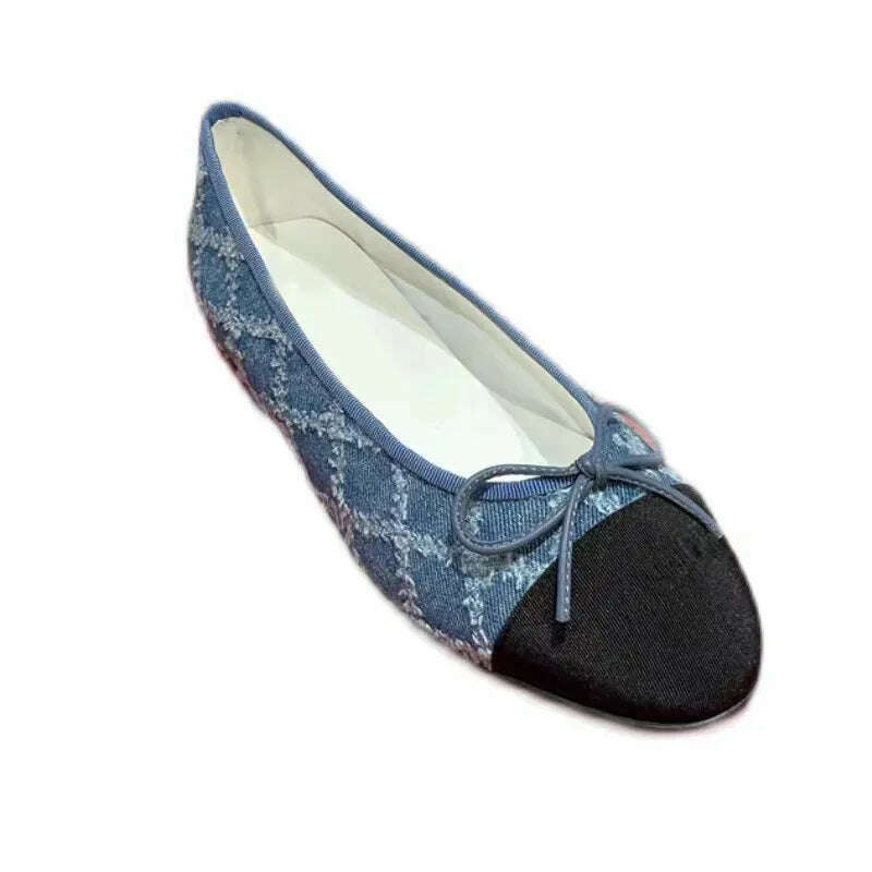 KIMLUD, 2023 New Designer Blue jeans bow flat shoes woman round toe cloth patchwork flats plaid sewing moccasins denim loafers for women, blue / 4.5, KIMLUD Women's Clothes