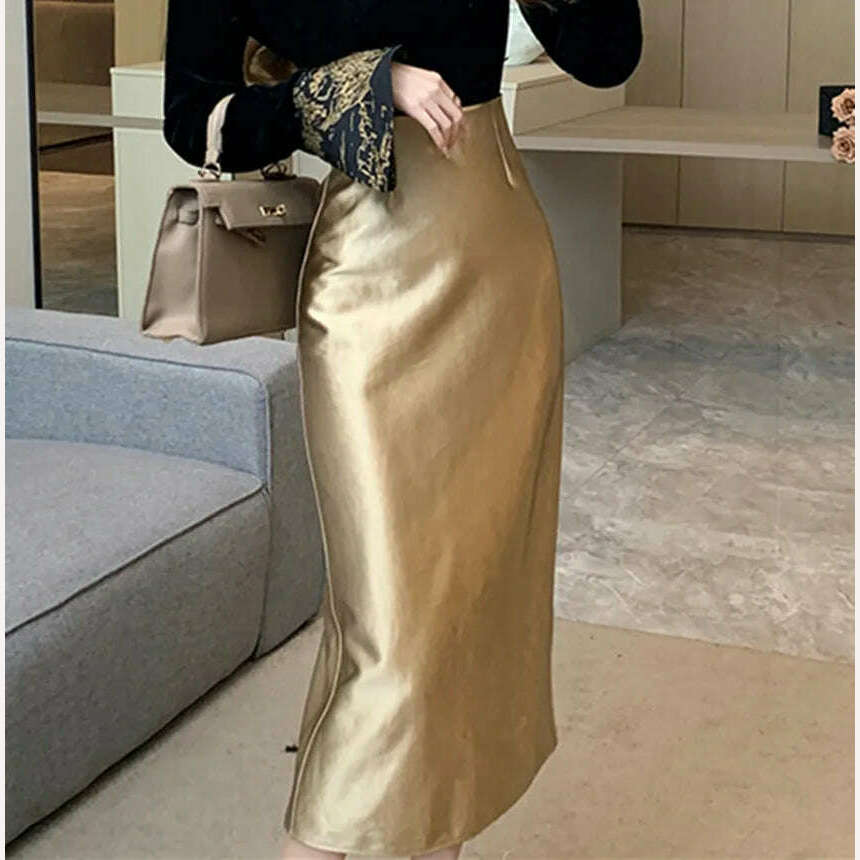 KIMLUD, 2023 New Fashion Autumn Winter Golden Leather Pu Bodycon Skirt Vintage Designer Women High Waist Office Ladies Split Midi Skirt, Gold / S, KIMLUD Womens Clothes