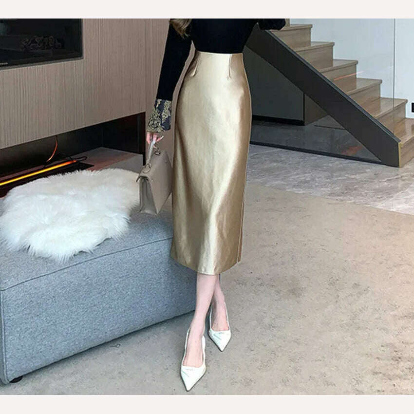 KIMLUD, 2023 New Fashion Autumn Winter Golden Leather Pu Bodycon Skirt Vintage Designer Women High Waist Office Ladies Split Midi Skirt, KIMLUD Womens Clothes