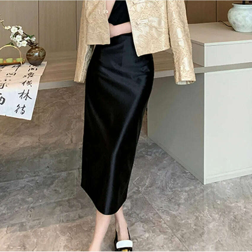 KIMLUD, 2023 New Fashion Autumn Winter Golden Leather Pu Bodycon Skirt Vintage Designer Women High Waist Office Ladies Split Midi Skirt, black / S, KIMLUD Women's Clothes