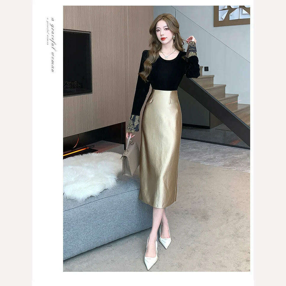 KIMLUD, 2023 New Fashion Autumn Winter Golden Leather Pu Bodycon Skirt Vintage Designer Women High Waist Office Ladies Split Midi Skirt, KIMLUD Womens Clothes