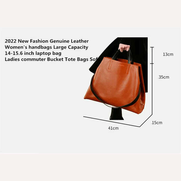 KIMLUD, 2023 New Fashion Genuine Leather Women&#39;s handbags Large Capacity 14-15.6 inch laptop bag Ladies commuter Bucket Tote Bags Soft, KIMLUD Womens Clothes