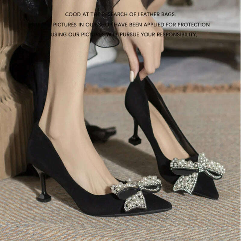 KIMLUD, 2023 new fashion pearl bowknot women pumps crystal beading suede leather tacones thin high heels party prom shoes for woman, KIMLUD Womens Clothes