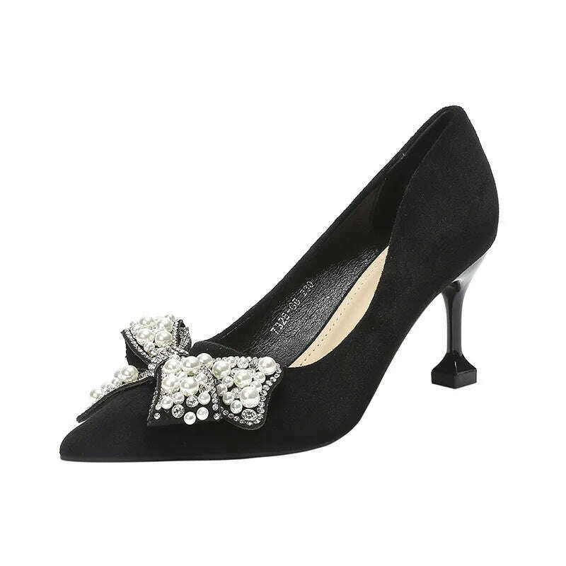 KIMLUD, 2023 new fashion pearl bowknot women pumps crystal beading suede leather tacones thin high heels party prom shoes for woman, black 7cm / 6, KIMLUD Womens Clothes