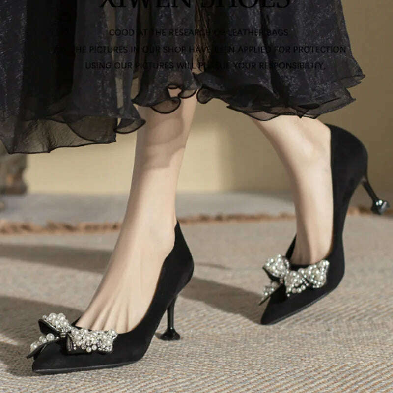 KIMLUD, 2023 new fashion pearl bowknot women pumps crystal beading suede leather tacones thin high heels party prom shoes for woman, black 5cm / 5, KIMLUD Womens Clothes