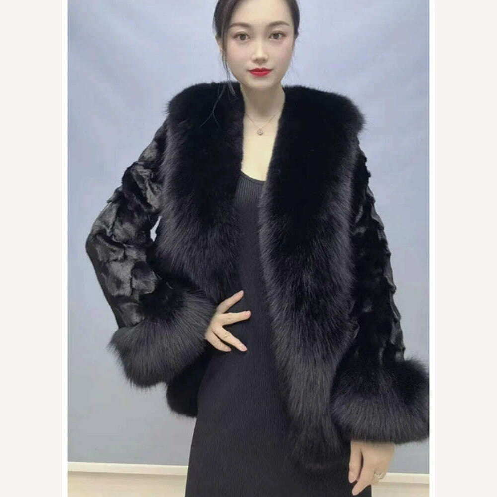 KIMLUD, 2023 New Fashion Winter Women Real Mink Fur Outerwear Big Collar Coat High Quality Luxury Warm Middle Length Cardigan Overcoat, KIMLUD Womens Clothes