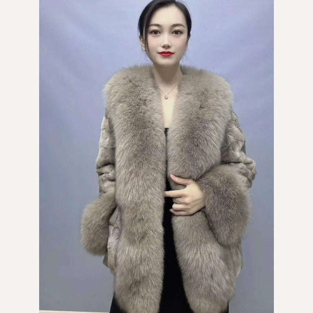 KIMLUD, 2023 New Fashion Winter Women Real Mink Fur Outerwear Big Collar Coat High Quality Luxury Warm Middle Length Cardigan Overcoat, Light khaki / M, KIMLUD Womens Clothes
