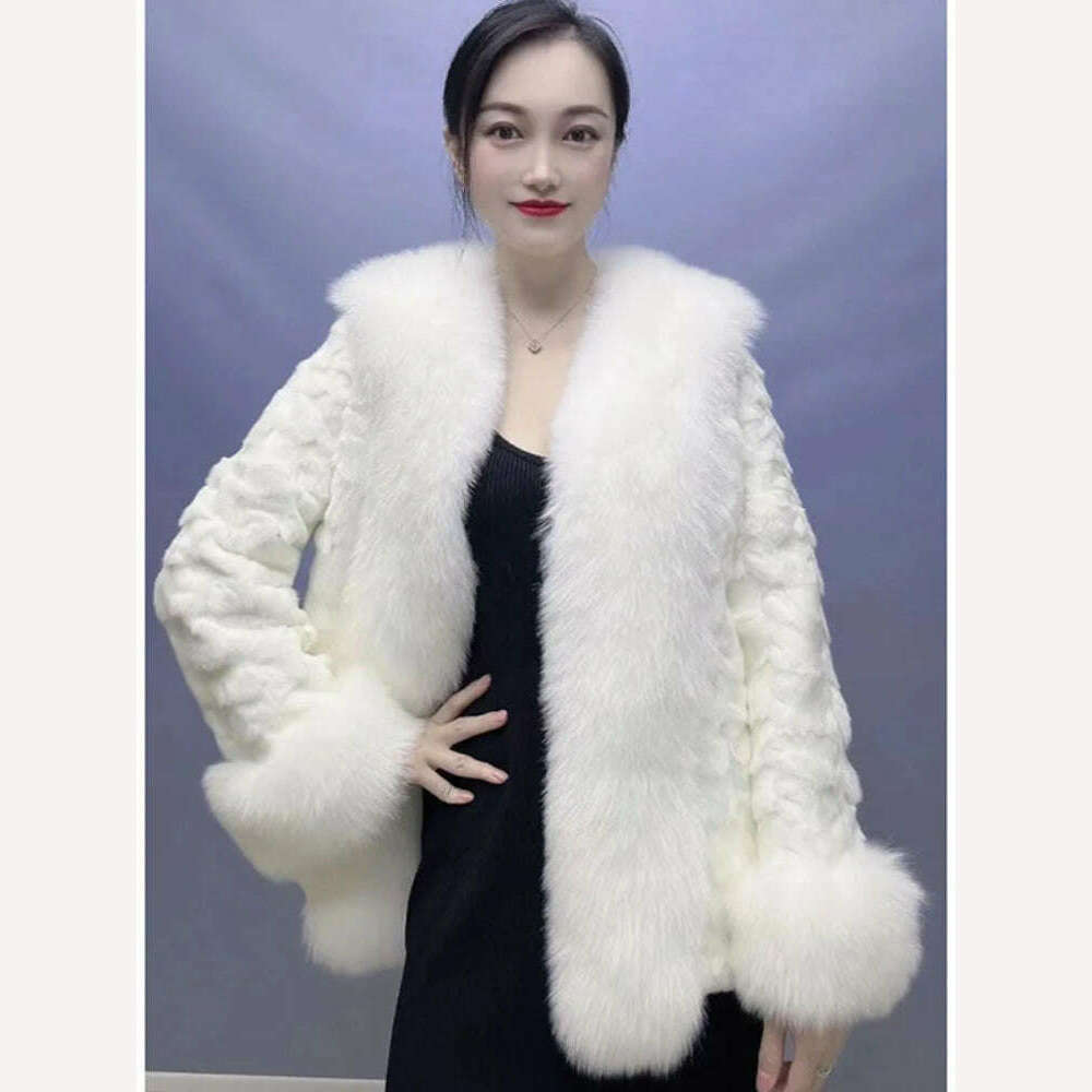 KIMLUD, 2023 New Fashion Winter Women Real Mink Fur Outerwear Big Collar Coat High Quality Luxury Warm Middle Length Cardigan Overcoat, White / M, KIMLUD Womens Clothes