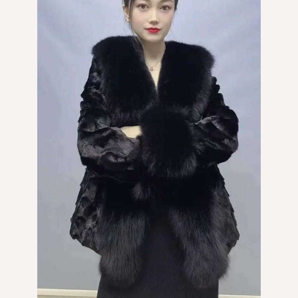 KIMLUD, 2023 New Fashion Winter Women Real Mink Fur Outerwear Big Collar Coat High Quality Luxury Warm Middle Length Cardigan Overcoat, Black / M, KIMLUD Womens Clothes