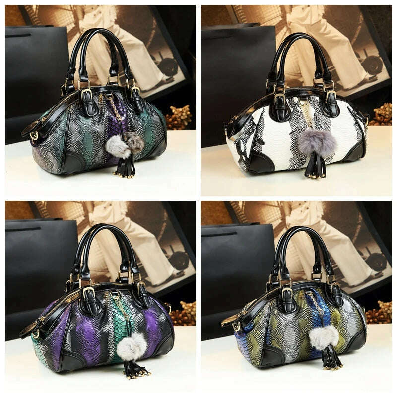KIMLUD, 2023 New Fashion Women Handbag Tassel Dumpling Bag Female Soft Cowhide Leather Shoulder Messenger Bags Snake Pattern, KIMLUD Womens Clothes