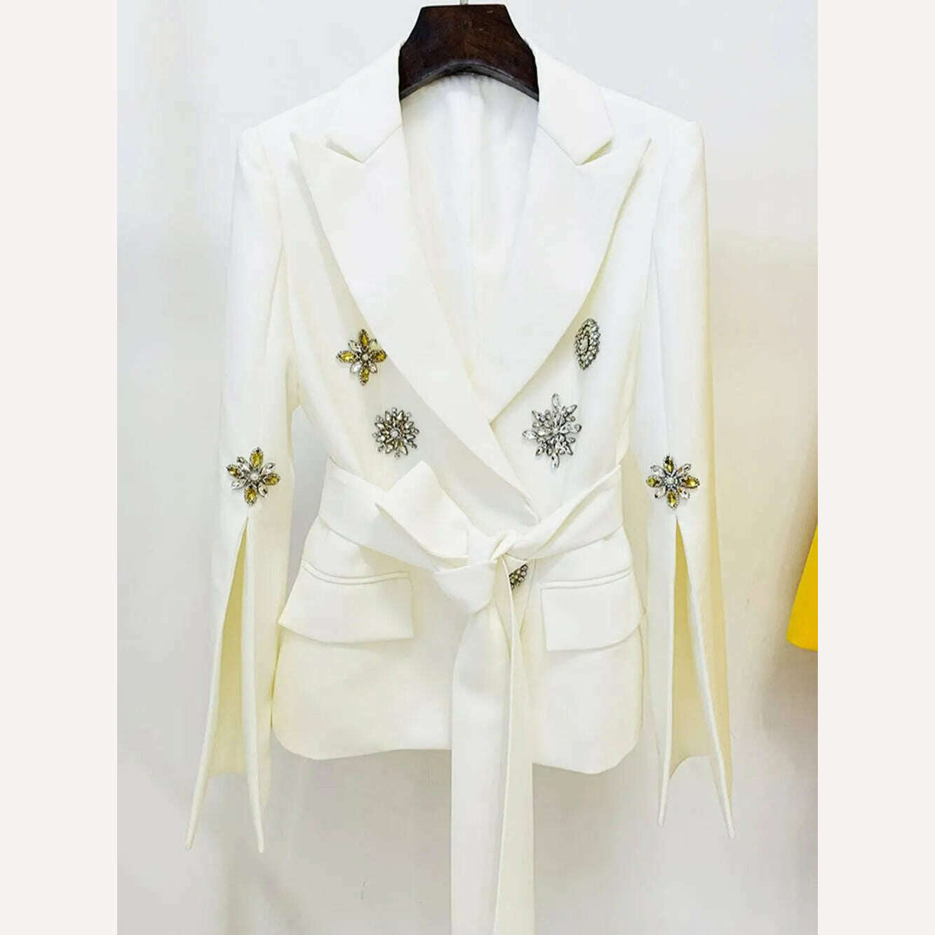 KIMLUD, 2023 New Luxury Designer Elegant Autumn Coat Women's Sexy V-neck Long Sleeve Crystal Diamond Belt White Jackets Suit, KIMLUD Women's Clothes