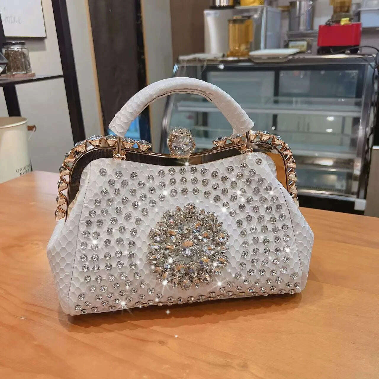 KIMLUD, 2023 New Luxury Fashion Diamonds Women&#39;s Handbags Leather Design Clip Rhinestone Bag Portable Tote Shoulder Messenger Bags, KIMLUD Womens Clothes