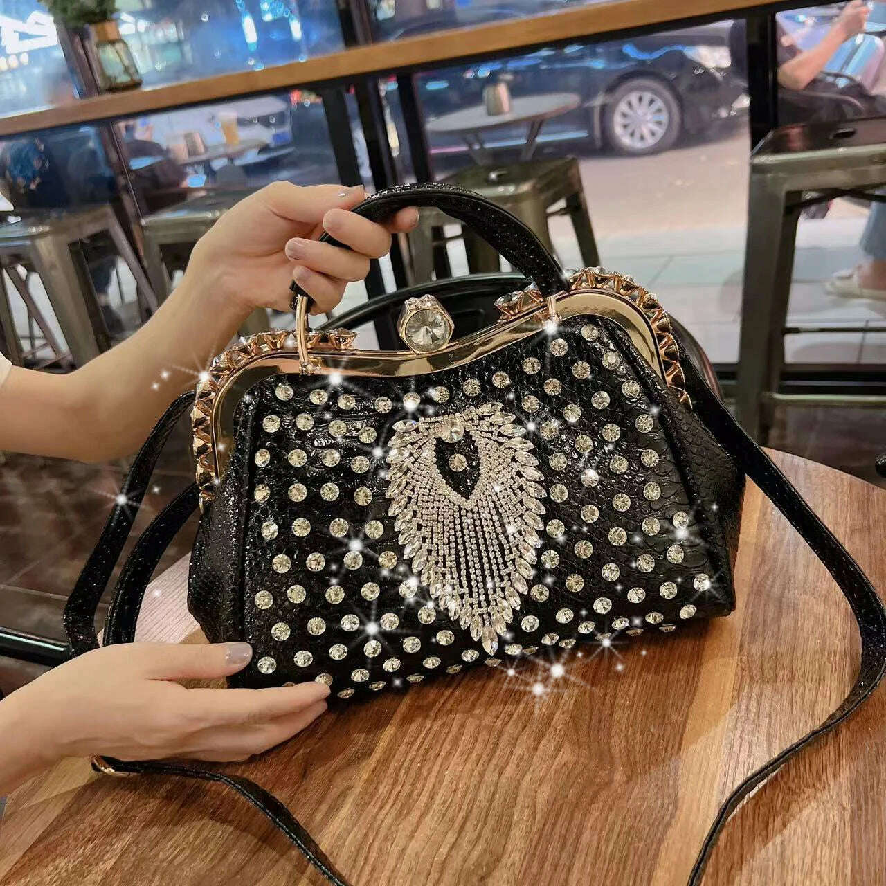 KIMLUD, 2023 New Luxury Fashion Diamonds Women&#39;s Handbags Leather Design Clip Rhinestone Bag Portable Tote Shoulder Messenger Bags, Black 3, KIMLUD Womens Clothes